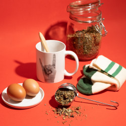 Fleurs de CBD dans boule à infusion à côté d'une tasse sur fond rouge orange