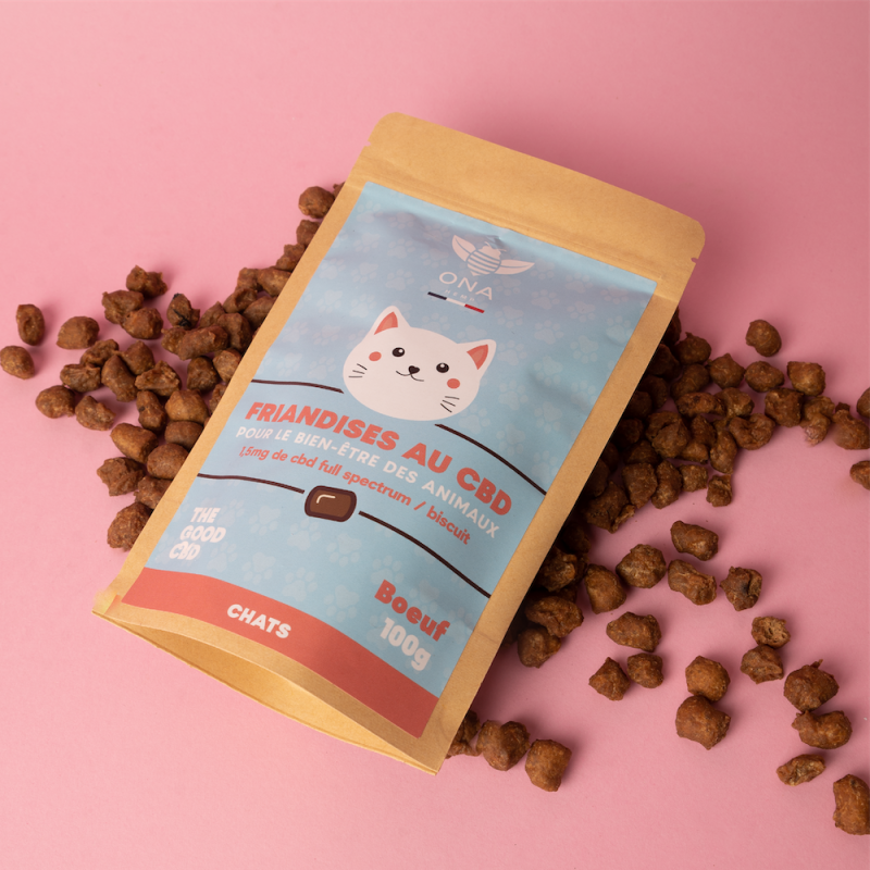 Sachet de friandises de CBD pour chats sur fond rose