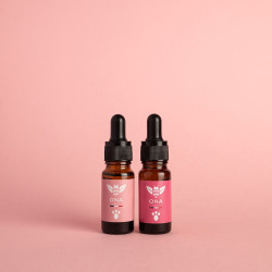 Flacons d'huiles de CBD pour rongeurs sur fond rose