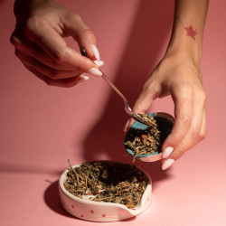 Mains ajoutant des fleurs de CBD dans une boule à infusion sur fond orange